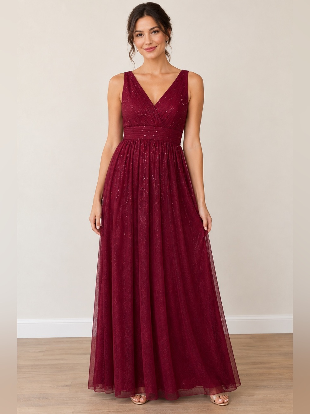 Ever Pretty Burgundy V-Neck Evening Gown
